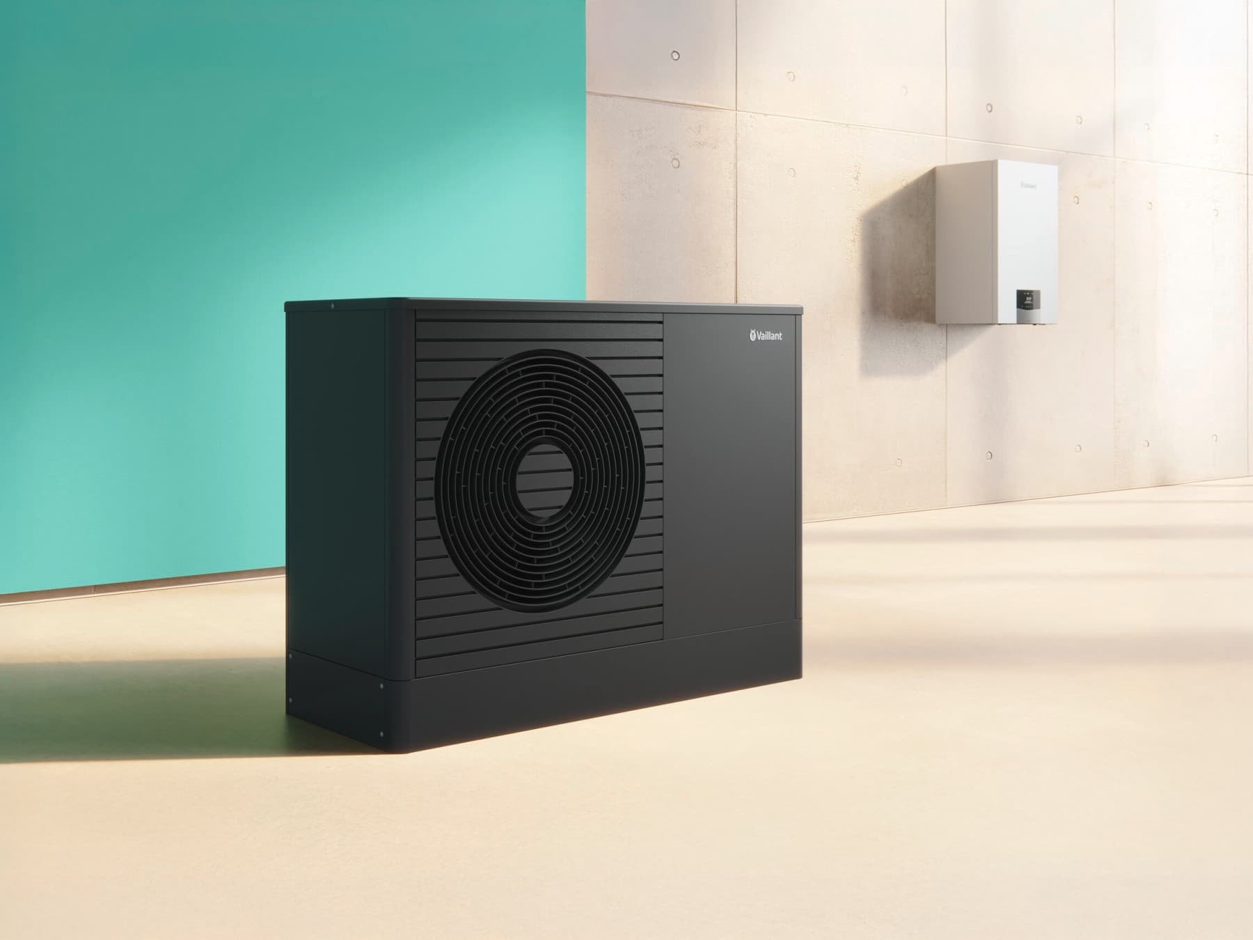Sistema de climatización híbrida con la bomba de calor aroTHERM exclusive ES y la caldera de condensación a gas ecoTEC plus.