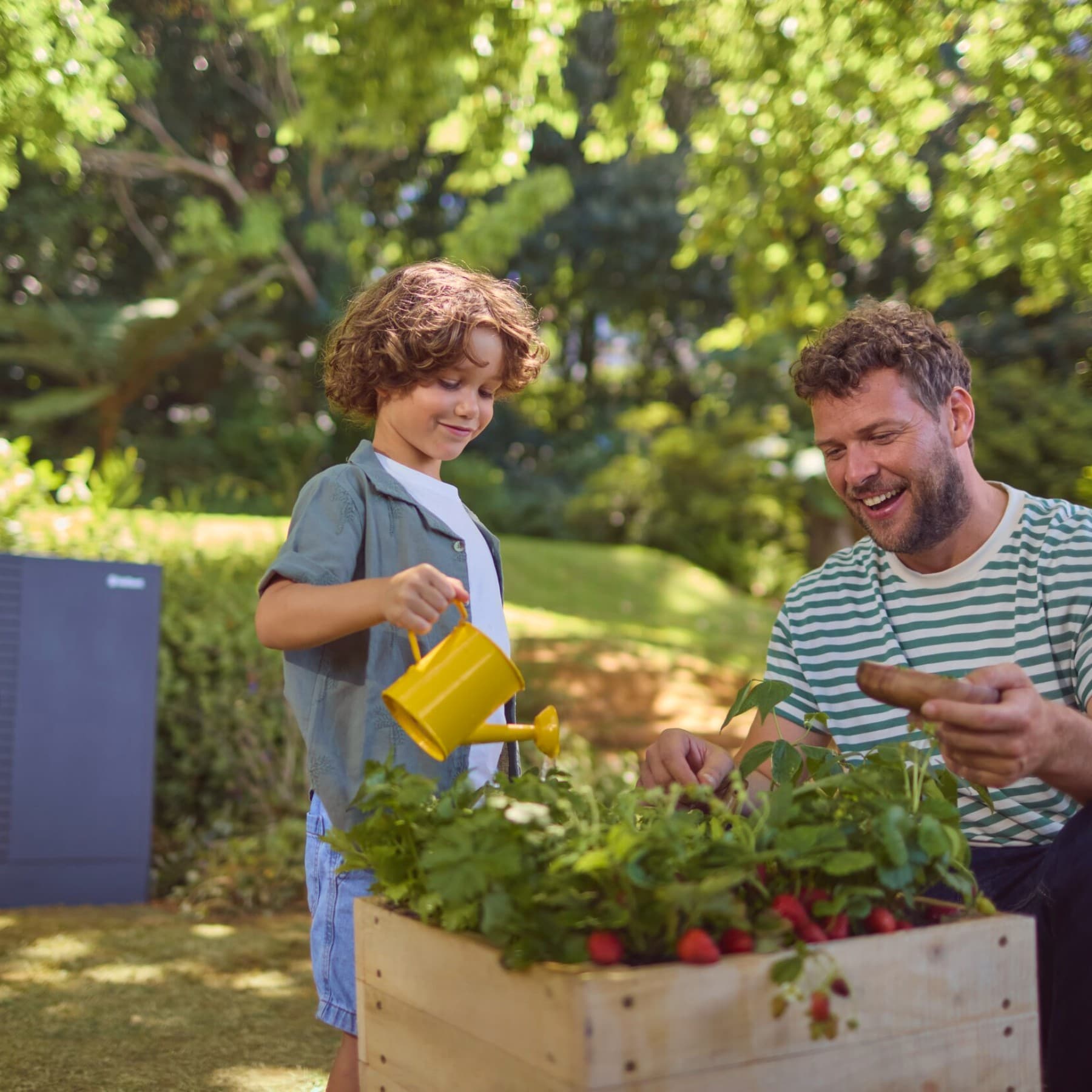 niño regando flores con su padre