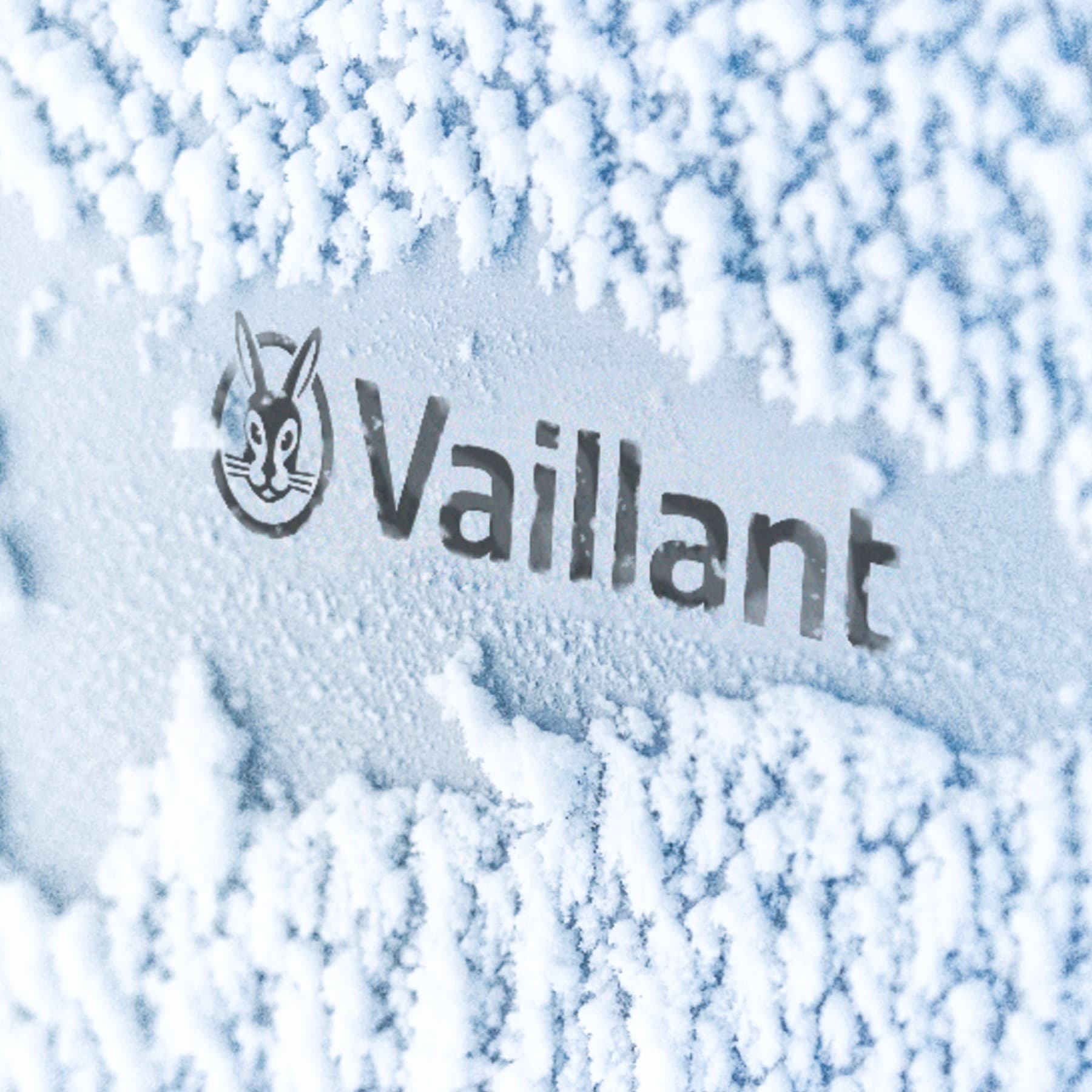 Logotipo de Vaillant en una bomba de calor cubierta de nieve